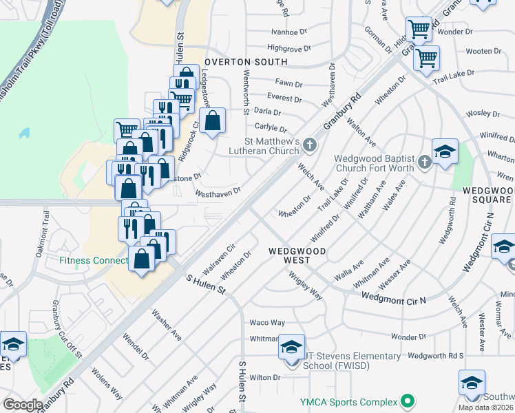 map of restaurants, bars, coffee shops, grocery stores, and more near 5933 Wedgwood Drive in Fort Worth