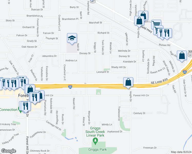map of restaurants, bars, coffee shops, grocery stores, and more near 4607 East California Parkway in Forest Hill