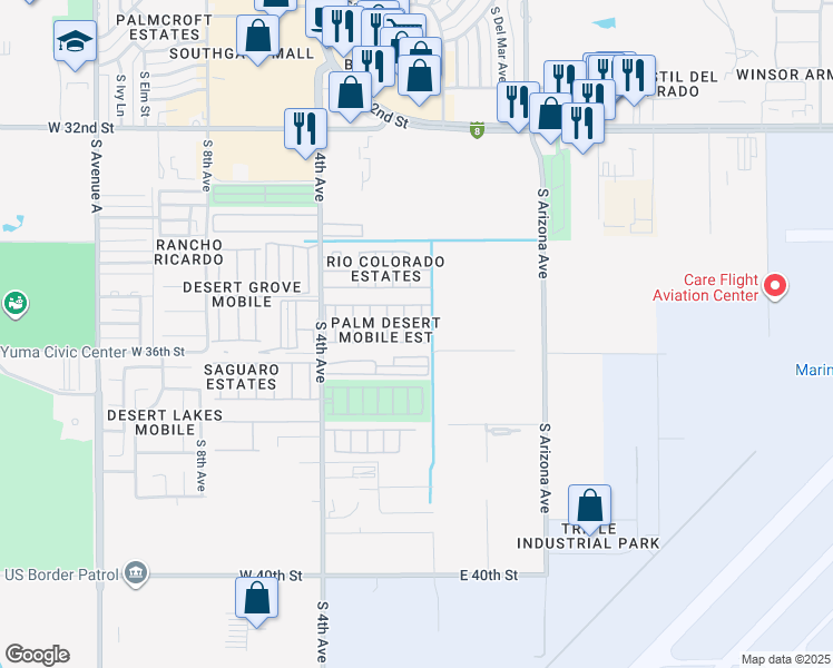 map of restaurants, bars, coffee shops, grocery stores, and more near 3590 South Canyon Avenue in Yuma