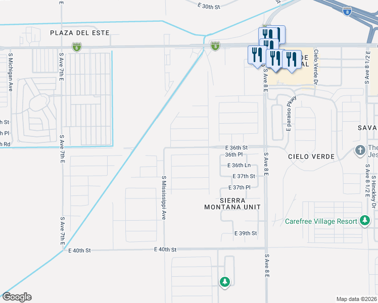 map of restaurants, bars, coffee shops, grocery stores, and more near 3612 South Sage Avenue in Yuma
