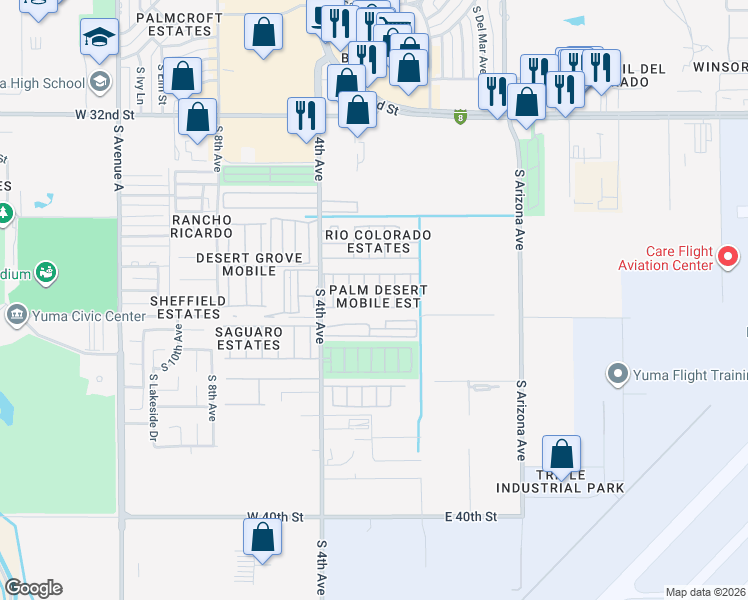 map of restaurants, bars, coffee shops, grocery stores, and more near 3595 South Rainier Avenue in Yuma