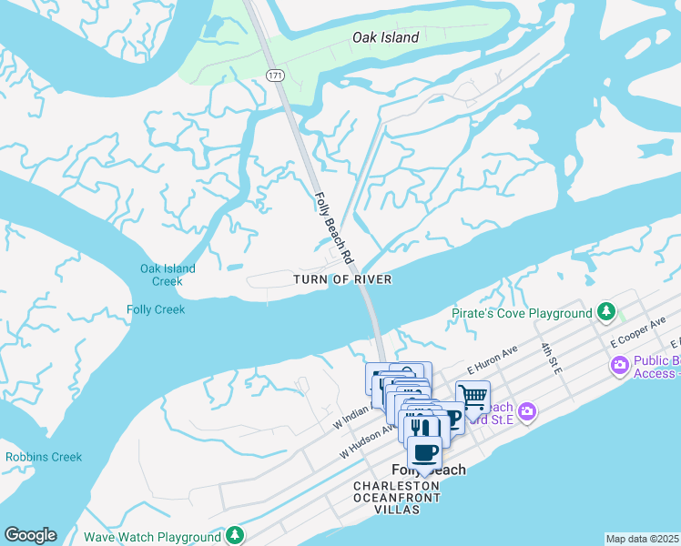 map of restaurants, bars, coffee shops, grocery stores, and more near 2395 State Highway 171 in Charleston