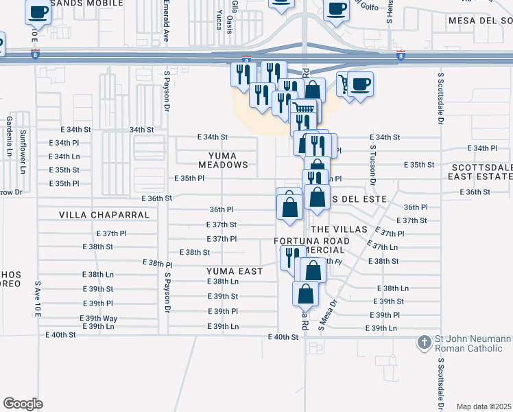 map of restaurants, bars, coffee shops, grocery stores, and more near 10759-10771 36th Place in Yuma