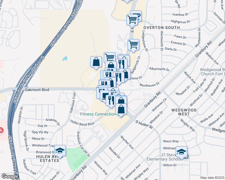map of restaurants, bars, coffee shops, grocery stores, and more near 6217 Oakmont Boulevard in Fort Worth