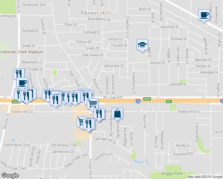 map of restaurants, bars, coffee shops, grocery stores, and more near 6508 Evonshire Drive in Forest Hill