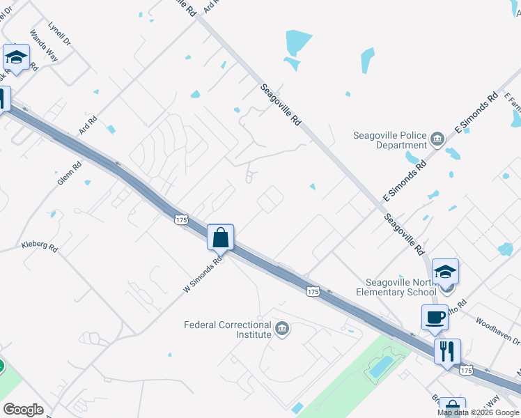 map of restaurants, bars, coffee shops, grocery stores, and more near 25 Kimberly Drive in Seagoville