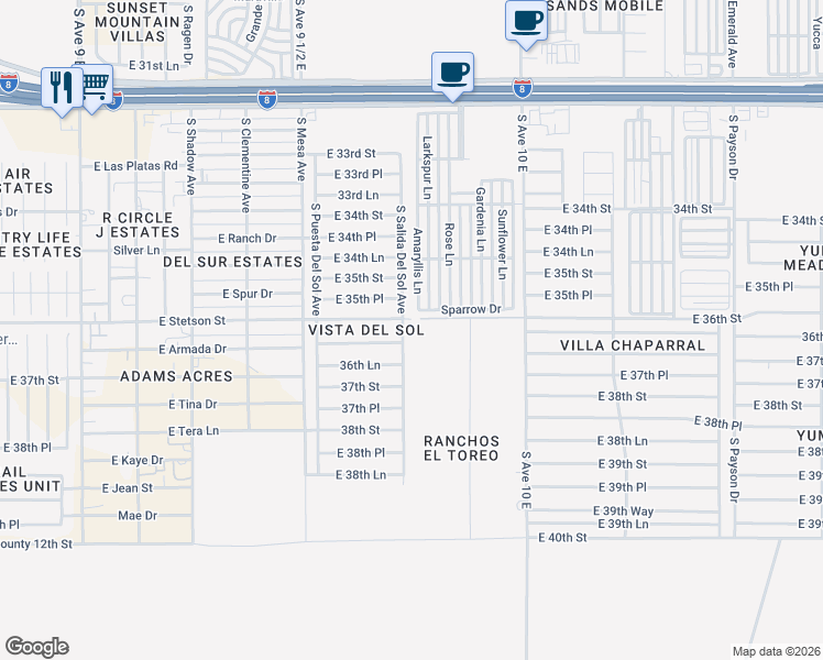 map of restaurants, bars, coffee shops, grocery stores, and more near 3627 South Salida Del Sol Avenue in Yuma