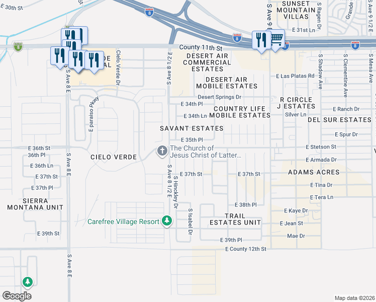map of restaurants, bars, coffee shops, grocery stores, and more near 8663 East 35th Place in Yuma