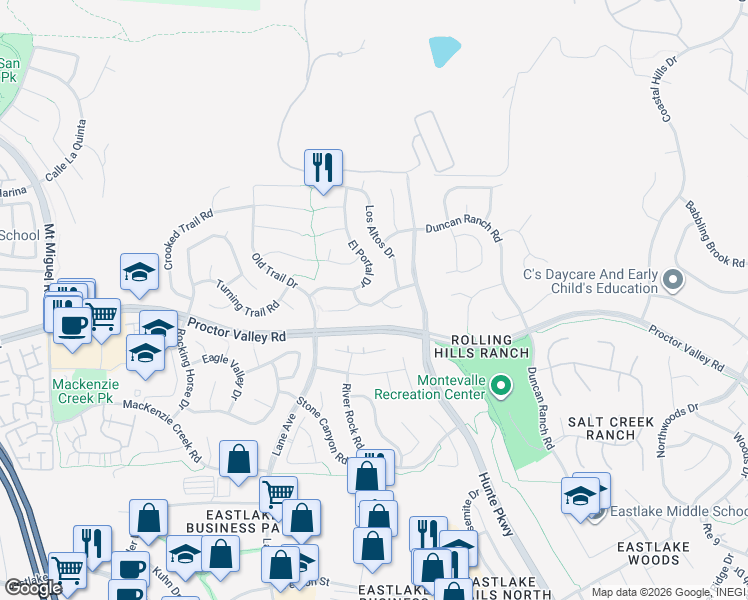 map of restaurants, bars, coffee shops, grocery stores, and more near 665 Santa Anita Court in Chula Vista