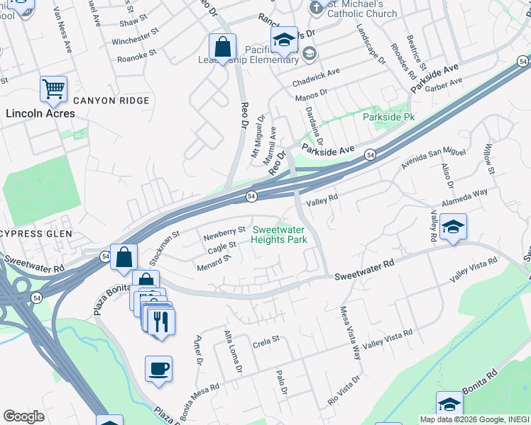 map of restaurants, bars, coffee shops, grocery stores, and more near 3819 Cagle Street in National City