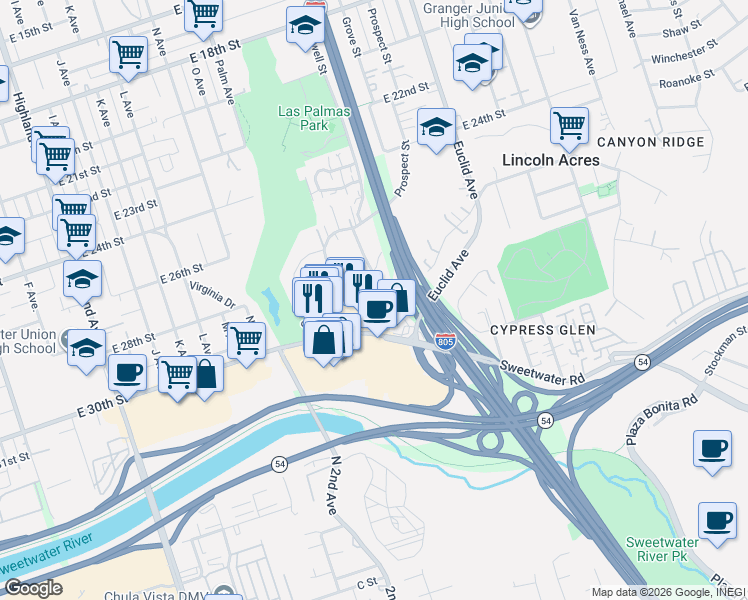 map of restaurants, bars, coffee shops, grocery stores, and more near 1727 Sweetwater Road in National City