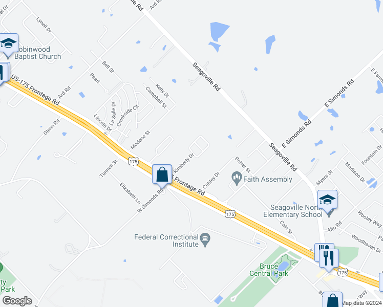 map of restaurants, bars, coffee shops, grocery stores, and more near 25 Kimberly Drive in Seagoville