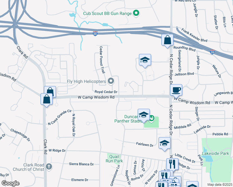 map of restaurants, bars, coffee shops, grocery stores, and more near 800 West Camp Wisdom Road in Duncanville