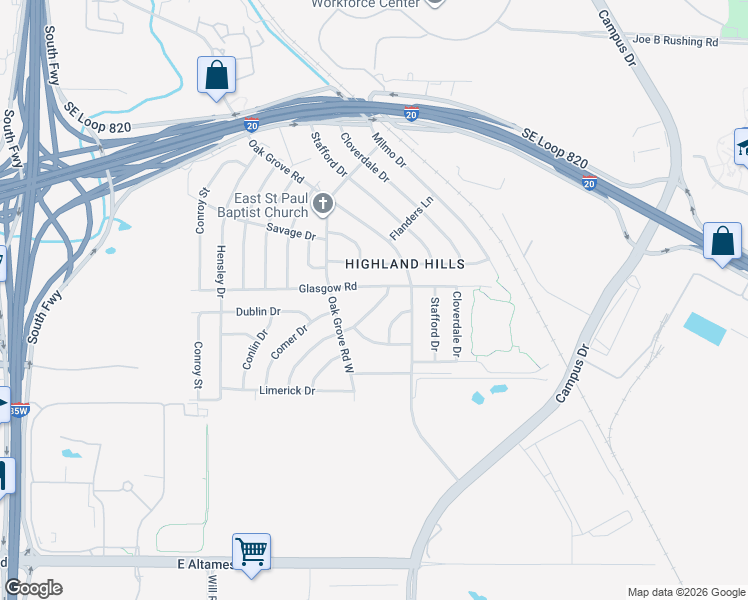 map of restaurants, bars, coffee shops, grocery stores, and more near 5524 De Cory Road in Fort Worth