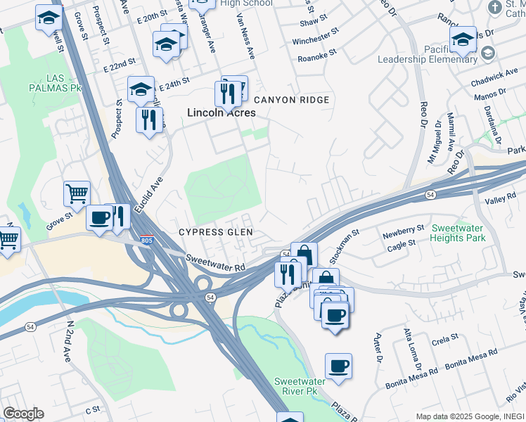 map of restaurants, bars, coffee shops, grocery stores, and more near 3206 Alta Drive in National City