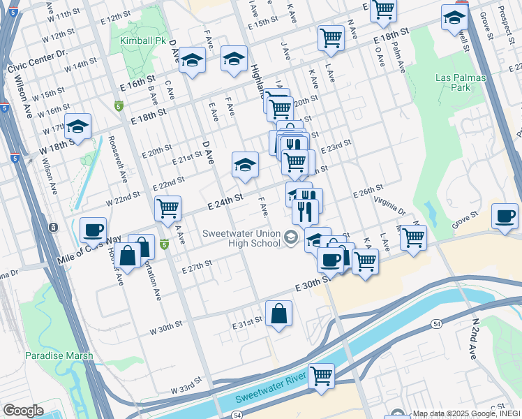 map of restaurants, bars, coffee shops, grocery stores, and more near 2508 F Avenue in National City
