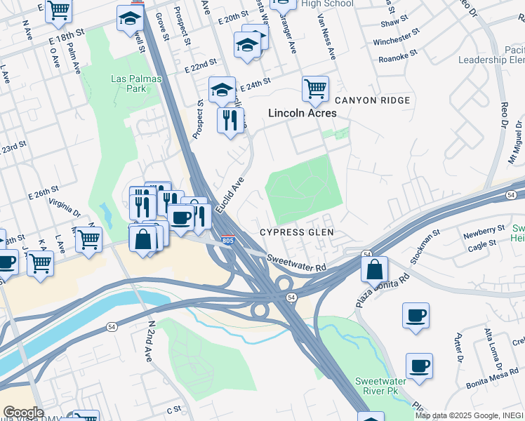 map of restaurants, bars, coffee shops, grocery stores, and more near 2301 32nd Street in National City