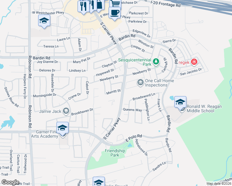 map of restaurants, bars, coffee shops, grocery stores, and more near 407 Merritt Street in Grand Prairie