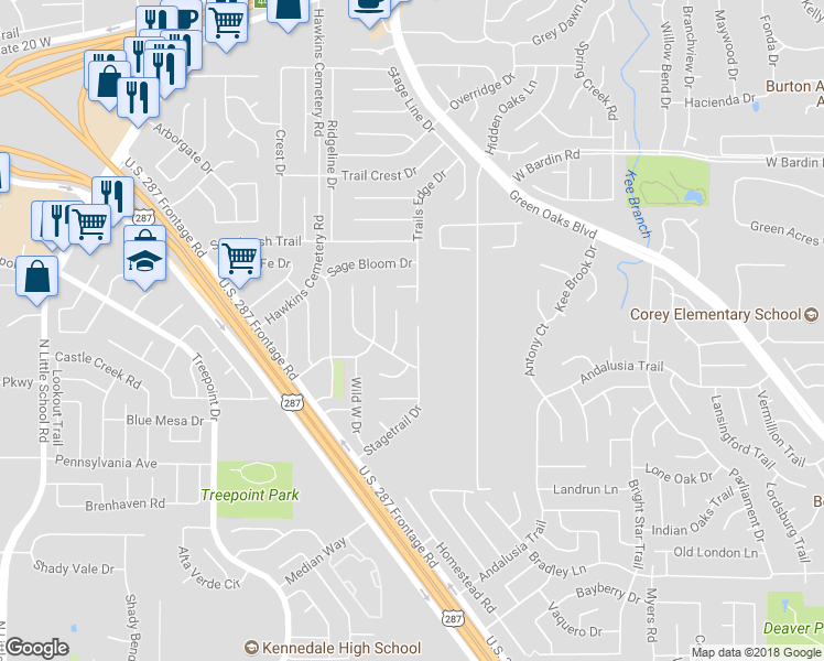map of restaurants, bars, coffee shops, grocery stores, and more near 5208 Stagetrail Drive in Arlington