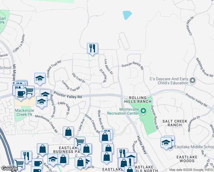 map of restaurants, bars, coffee shops, grocery stores, and more near 665 Santa Anita Court in Chula Vista
