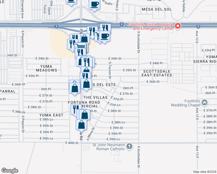 map of restaurants, bars, coffee shops, grocery stores, and more near 11424 South Mesa Drive in Yuma