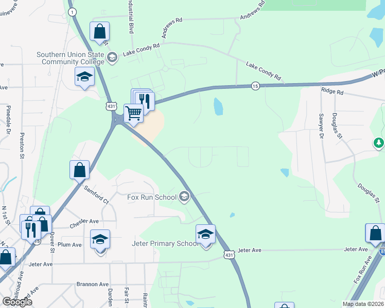 map of restaurants, bars, coffee shops, grocery stores, and more near 375 West Point Parkway in Opelika