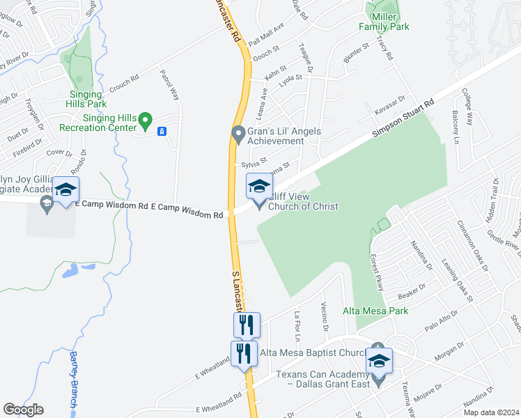 map of restaurants, bars, coffee shops, grocery stores, and more near 2424 Simpson Stuart Road in Dallas