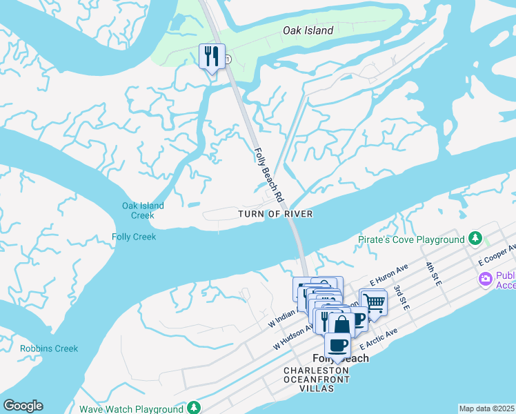 map of restaurants, bars, coffee shops, grocery stores, and more near 162 West Mariners Cay Drive in Folly Beach