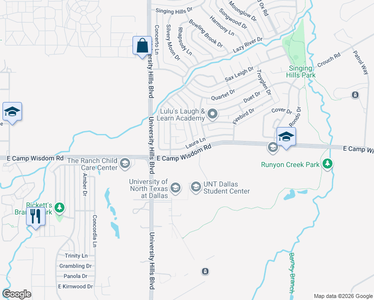 map of restaurants, bars, coffee shops, grocery stores, and more near 1336 Laura Lane in Dallas