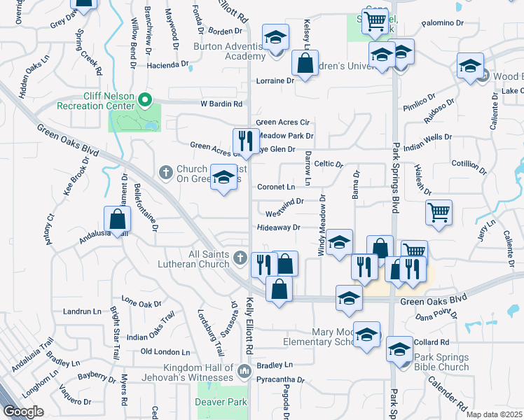 map of restaurants, bars, coffee shops, grocery stores, and more near 4212 Westwind Drive in Arlington