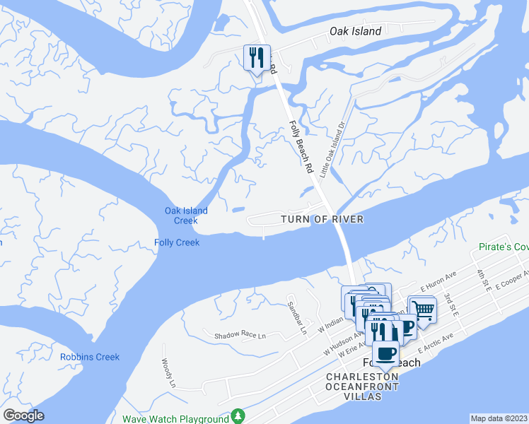 map of restaurants, bars, coffee shops, grocery stores, and more near 122 West Mariners Cay Drive in Folly Beach