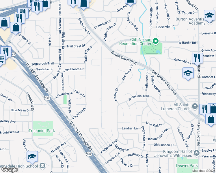 map of restaurants, bars, coffee shops, grocery stores, and more near 5115 Hidden Oaks Lane in Arlington