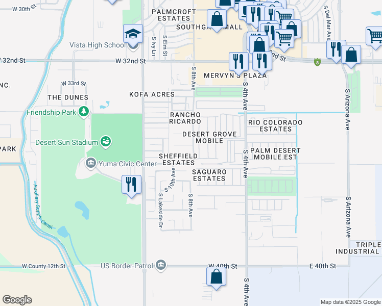map of restaurants, bars, coffee shops, grocery stores, and more near 808 West 35th Place in Yuma