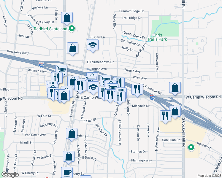 map of restaurants, bars, coffee shops, grocery stores, and more near 333 East Camp Wisdom Road in Duncanville