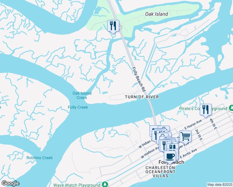 map of restaurants, bars, coffee shops, grocery stores, and more near 122 West Mariners Cay Drive in Folly Beach