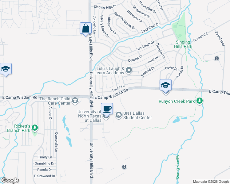 map of restaurants, bars, coffee shops, grocery stores, and more near 1336 Laura Lane in Dallas