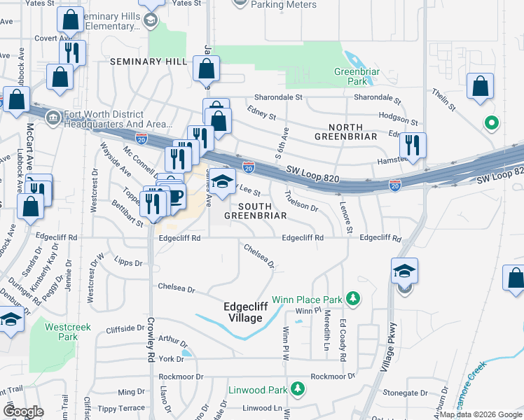 map of restaurants, bars, coffee shops, grocery stores, and more near 1509 Cairn Circle in Fort Worth