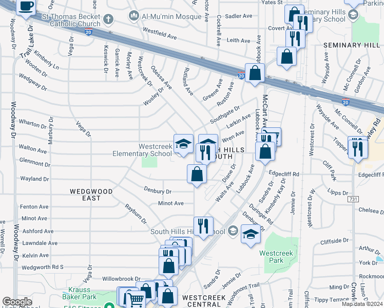 map of restaurants, bars, coffee shops, grocery stores, and more near 3401 Walton Avenue in Fort Worth
