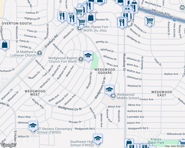 map of restaurants, bars, coffee shops, grocery stores, and more near 5601 Wessex Avenue in Fort Worth