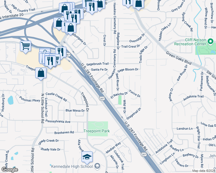 map of restaurants, bars, coffee shops, grocery stores, and more near 5116 Eagle Nest Drive in Arlington
