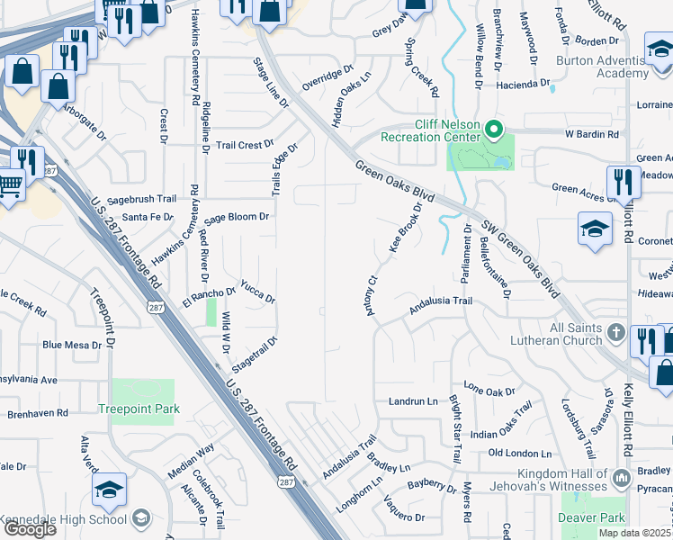 map of restaurants, bars, coffee shops, grocery stores, and more near 5115 Hidden Oaks Lane in Arlington