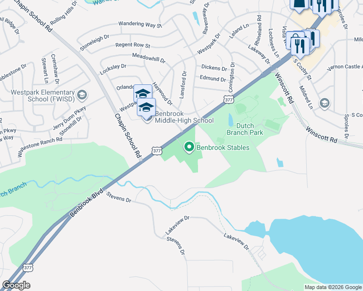 map of restaurants, bars, coffee shops, grocery stores, and more near Park Road in Benbrook