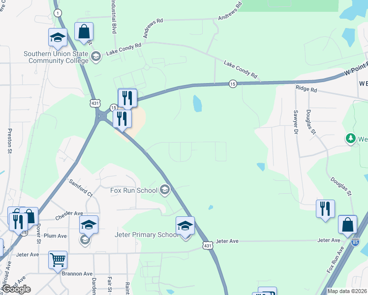 map of restaurants, bars, coffee shops, grocery stores, and more near 1181-1373 Fox Run Parkway in Opelika