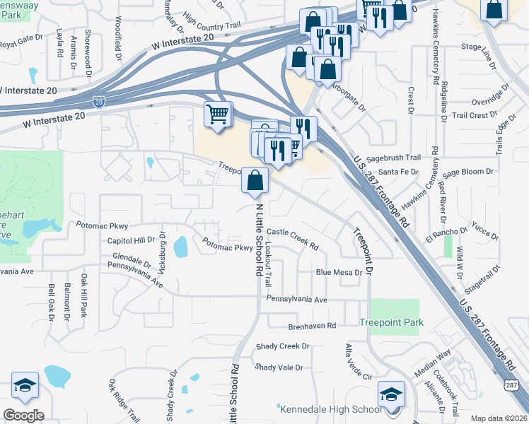 map of restaurants, bars, coffee shops, grocery stores, and more near 5122 Ridge Pointe Drive in Arlington