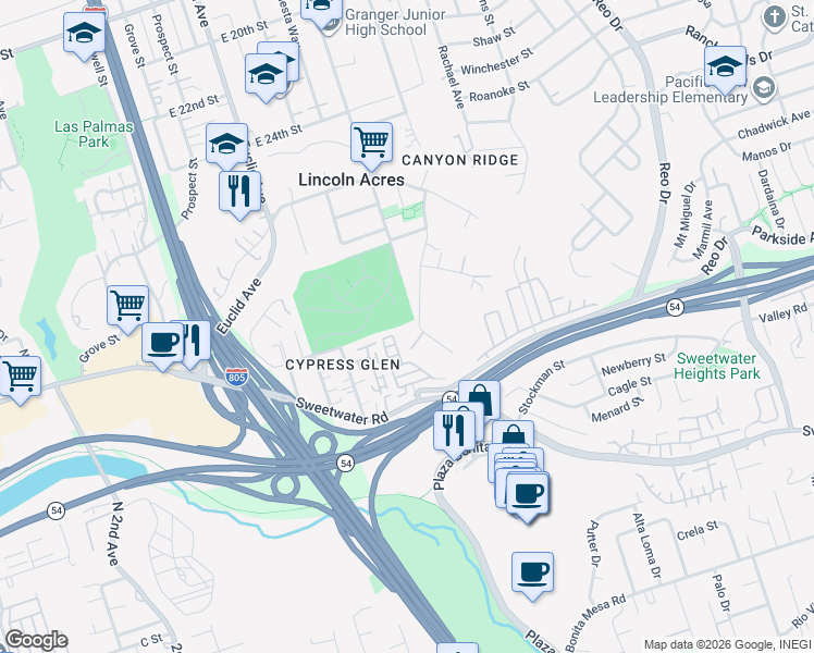 map of restaurants, bars, coffee shops, grocery stores, and more near 3200-2 Alta Drive in National City
