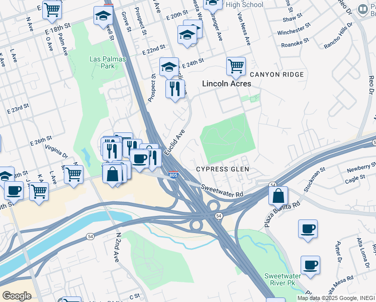 map of restaurants, bars, coffee shops, grocery stores, and more near 3103 Shelby Drive in National City