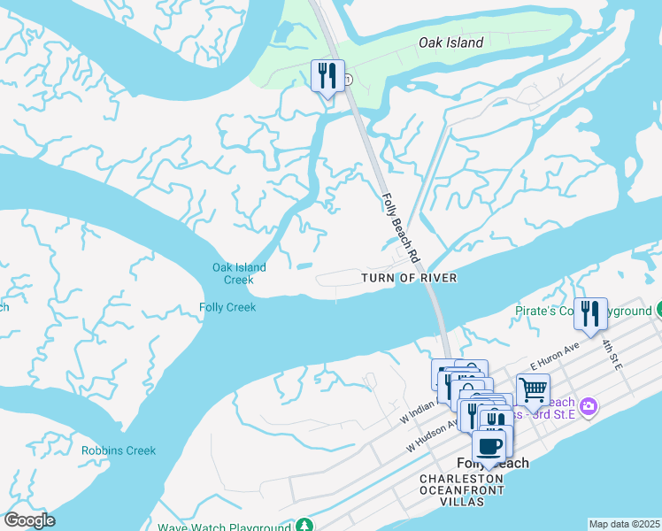 map of restaurants, bars, coffee shops, grocery stores, and more near 122 West Mariners Cay Drive in Folly Beach