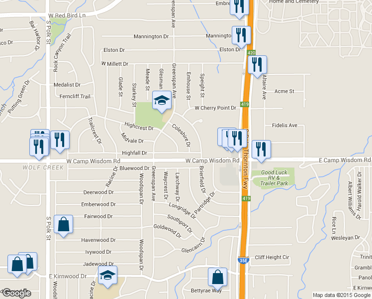 map of restaurants, bars, coffee shops, grocery stores, and more near 430 Highfall Drive in Dallas