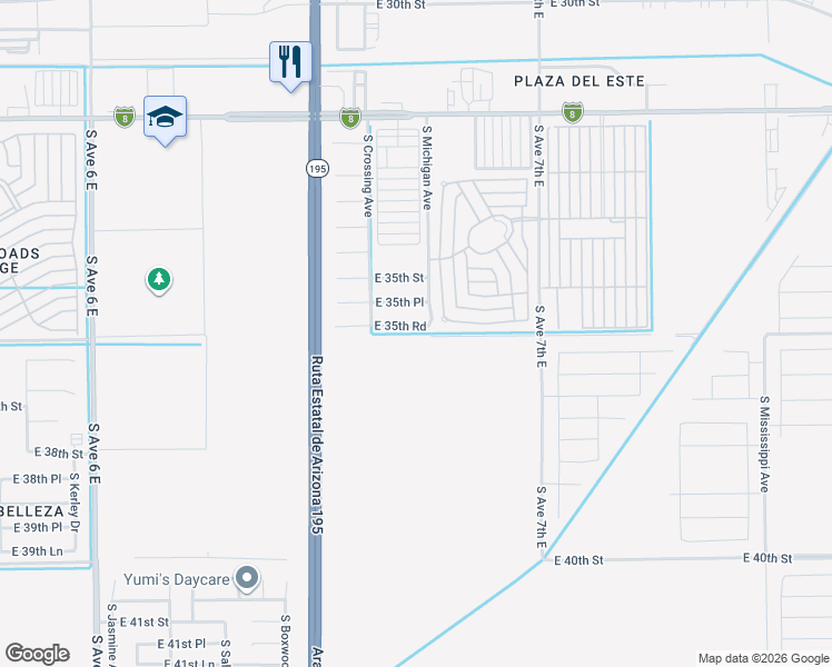 map of restaurants, bars, coffee shops, grocery stores, and more near 6727 East 35th Road in Yuma