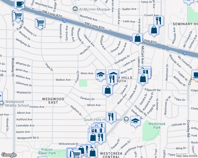 map of restaurants, bars, coffee shops, grocery stores, and more near 3226 Walton Avenue in Fort Worth